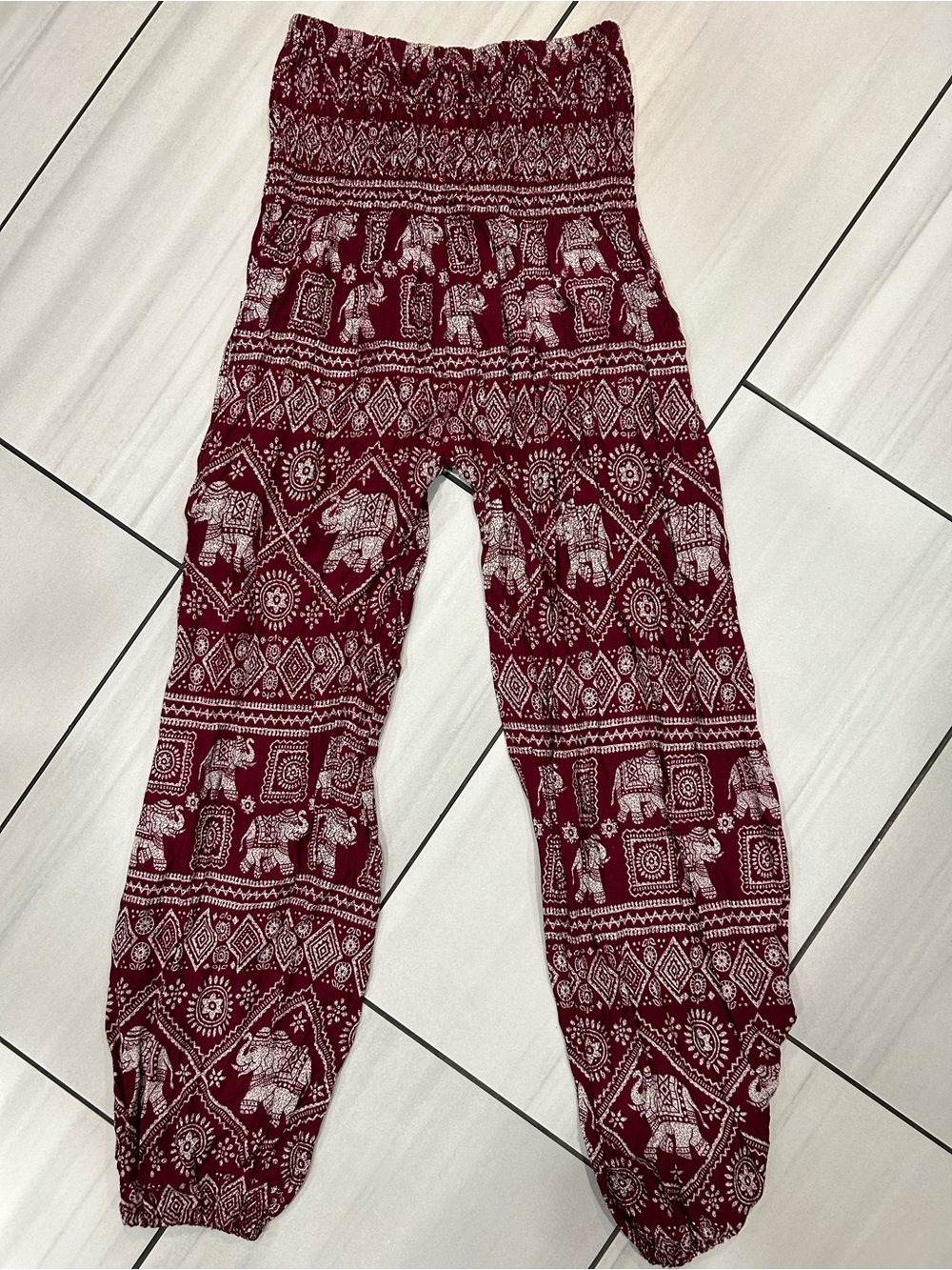 Banjamath Women's Elephant Print Harem Pants Burgundy White Rayon joggers Boho
